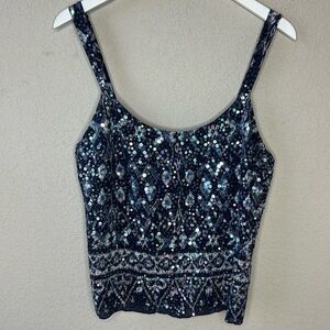 Lafayette 148 New York Blue Sequin Hand Beaded Camisole Top Size 10